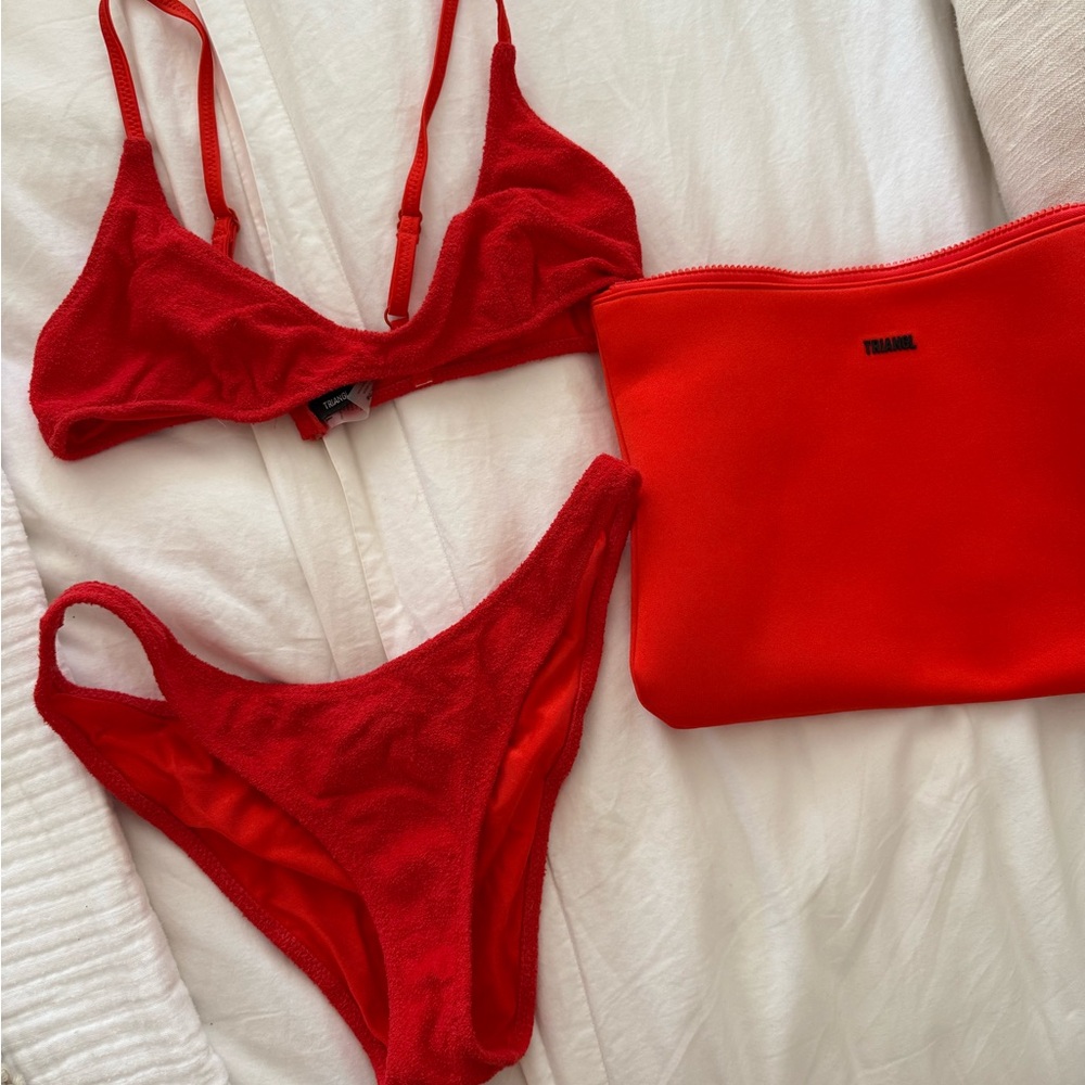 Triangl Red Bikini Set with Pouch - textured Terry material